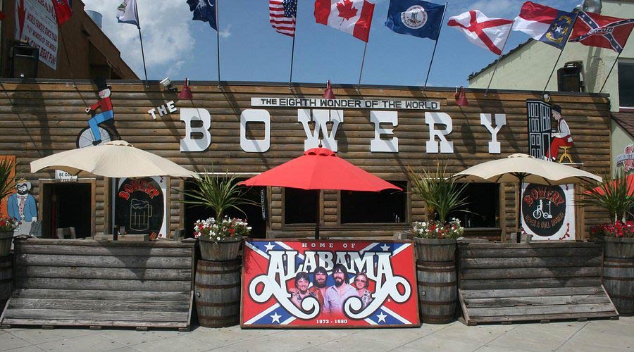 Interior of the Bowery, showing a band playing or the stage setup